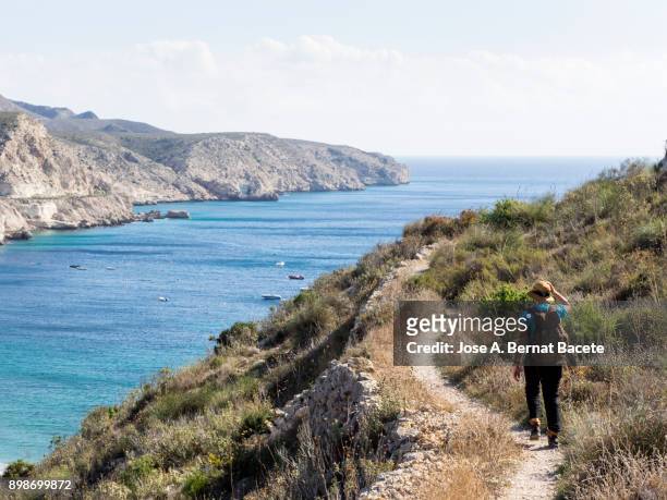 woman walking along a path of for a dirt track of mountain of excursion, with a rucksack and a hat, a day of the sun and blue sky  on the sea.  cabo de gata - nijar natural park, biosphere reserve, almeria,  andalusia, spain - cabo de gata fotografías e imágenes de stock