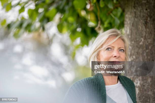 portrait of content senior woman in nature - short trees bildbanksfoton och bilder