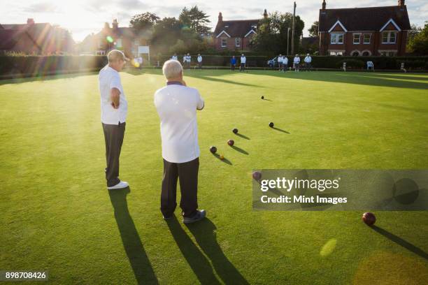 two lawn bowls players, men standing discussing the game, and a clutch of lawn bowls on the playing surface. - bowls stock-fotos und bilder