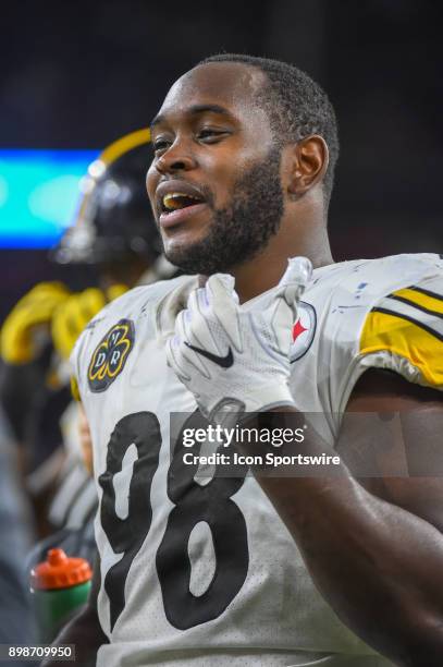 Pittsburgh Steelers linebacker Vince Williams watches from the sideline during the football game between the Pittsburgh Steelers and Houston Texans...