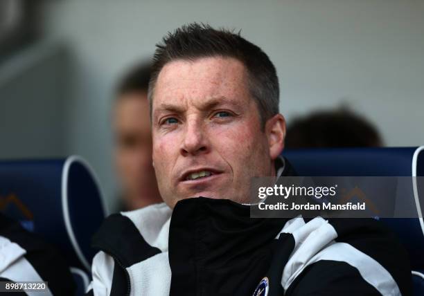 Neil Harris, manager of Millwall looks on during the Sky Bet Championship match between Millwall and Wolverhampton at The Den on December 26, 2017 in...