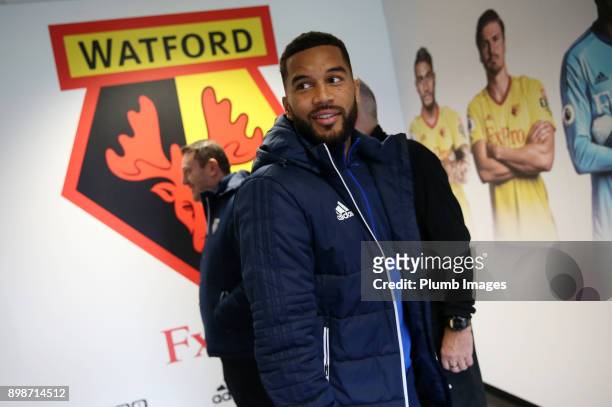Jerome Sinclair of Watford arrives at Vicarage Road ahead of the Premier League match between Watford and Leicester City at Vicarage Road, on...