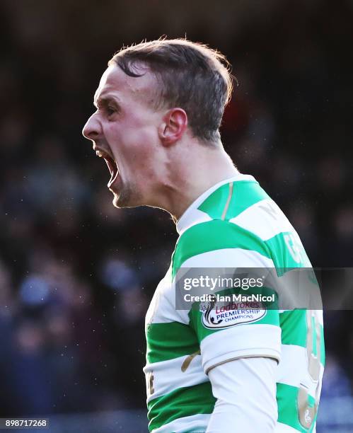 Leigh Griffiths of Celtic celebrates after he scores his team's second goal during the Scottish Premier League match between Dundee and Celtic at...