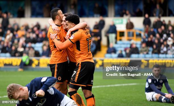 Diogo Jota of Wolverhampton Wanderers celebrates after scoring a goal to make it 1-1 with Helder Costa during the Sky Bet Championship match between...