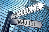 Signpost illustration, two arrows - inhouse, outsource