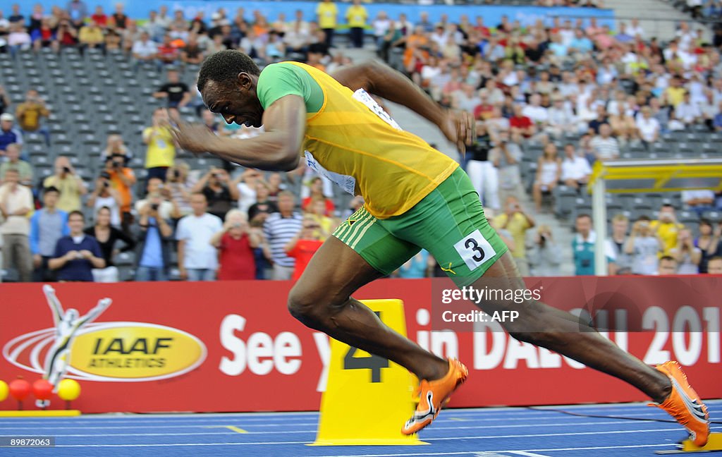 Jamaica's Usain Bolt takes the starts of