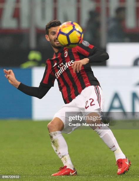 Mateo Musacchio of AC Milan in action during the serie A match between AC Milan and Atalanta BC at Stadio Giuseppe Meazza on December 23, 2017 in...