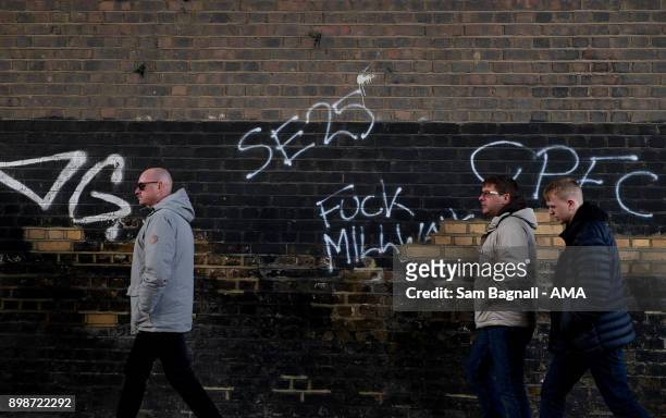 General view of graffiti outside The Den home stadium of Millwall prior to the Sky Bet Championship match between Millwall and Wolverhampton at The...