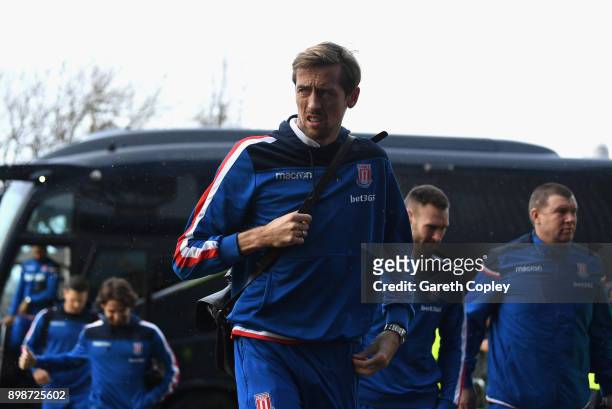 Peter Crouch of Stoke City arrives prior to the Premier League match between Huddersfield Town and Stoke City at John Smith's Stadium on December 26,...