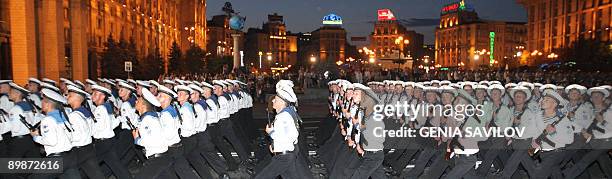 Members of the Ukrainian navy take part in a rehearsal for the Ukrainian Independence day parade on August 18, 2009 in Kiev. Ukraine celebrates...