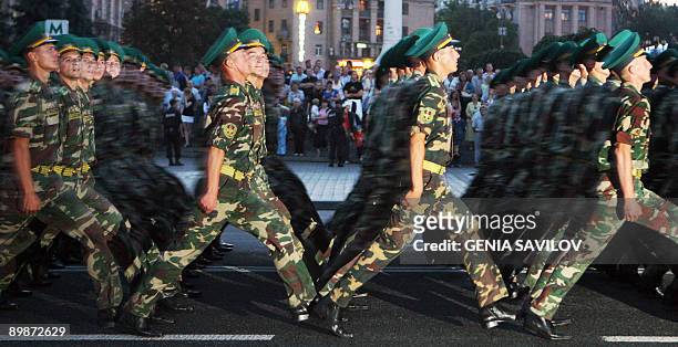 Members of the Ukrainian army take part in a rehearsal for the Ukrainian Independence day parade on August 18, 2009 in Kiev. Ukraine celebrates...