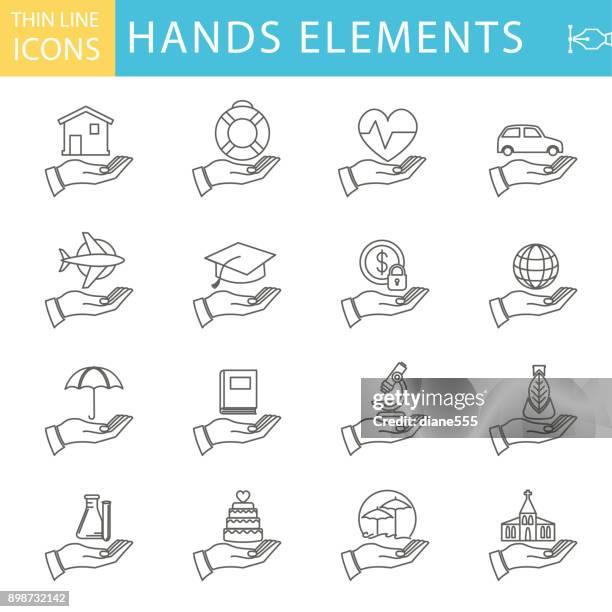 set of thin line icon set - hand holding elements - beach wedding stock illustrations