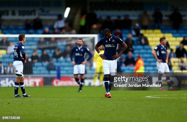 Millwall players look dejected after conceding their second goal during the Sky Bet Championship match between Millwall and Wolverhampton at The Den...