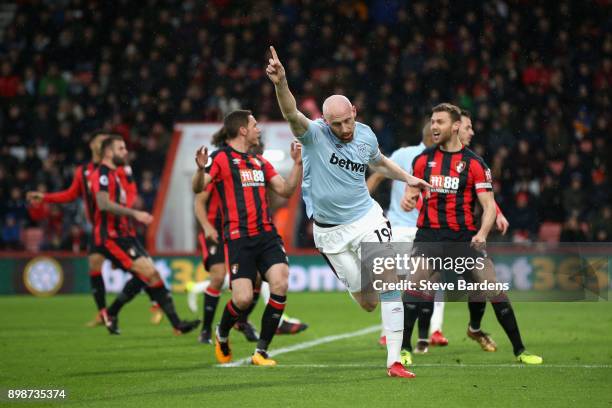 James Collins of West Ham United celebrates scoring his sides first goal during the Premier League match between AFC Bournemouth and West Ham United...