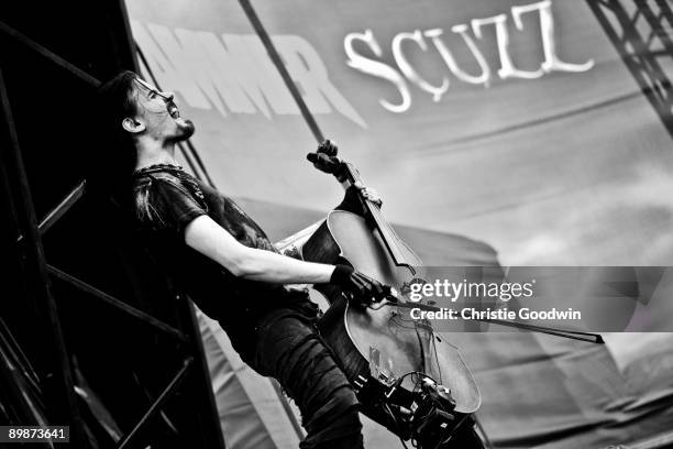 Perttu Kivilaakso of Apocalyptica performs on stage on the second day of Bloodstock Open Air festival at Catton Hall on August 15, 2009 in Derby,...