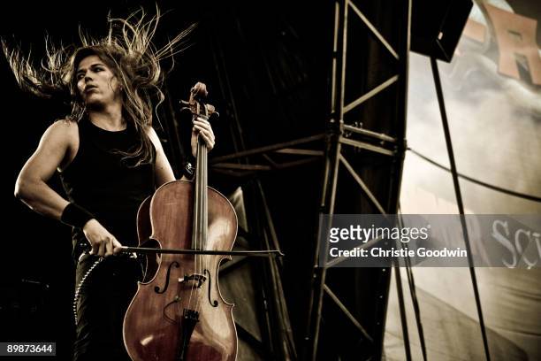 Eicca Toppinen of Apocalyptica performs on stage on the second day of Bloodstock Open Air festival at Catton Hall on August 15, 2009 in Derby,...