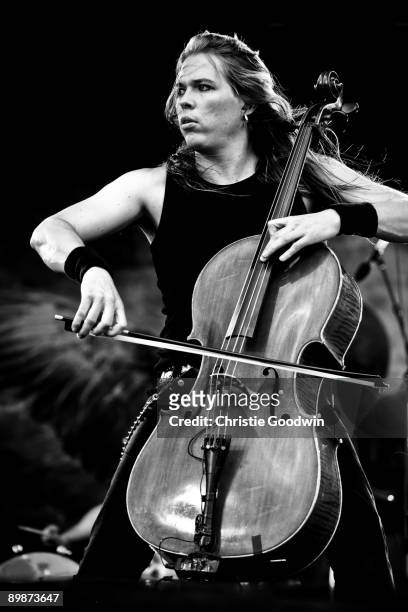 Eicca Toppinen of Apocalyptica performs on stage on the second day of Bloodstock Open Air festival at Catton Hall on August 15, 2009 in Derby,...