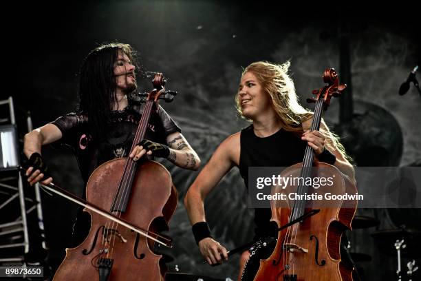 Perttu Kivilaasko and Eicca Toppinen of Apocalyptica perform on stage on the second day of Bloodstock Open Air festival at Catton Hall on August 15,...