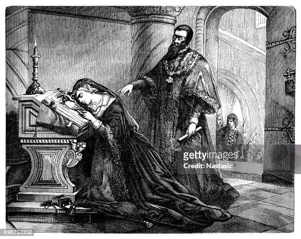 the last moments of mary stuart, queen of the scots, prior to being beheaded, 8th february, 1587 at fotheringay castle, northamptonshire, england - mary beard stock illustrations
