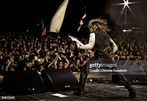 Charles Hedger of Cradle of Filth performs on stage on the second day of Bloodstock Open Air festival at Catton Hall on August 15, 2009 in Derby,...
