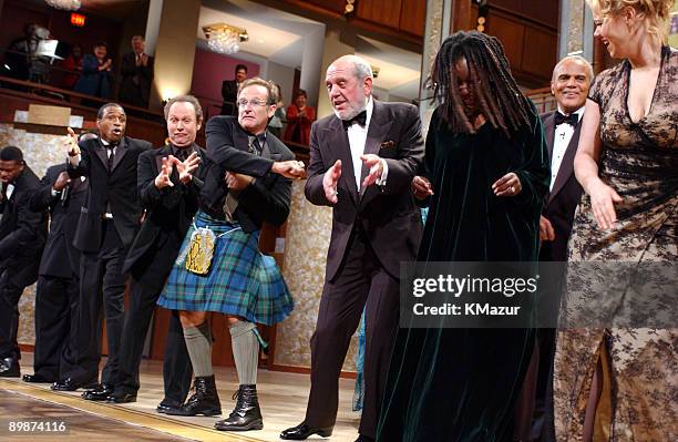 Tommy Davidson, Billy Crystal, Robin Williams, Alan King, Whoopi Goldberg, Harry Belafonte, and Caroline Rhea perform at the end of the show; "On...