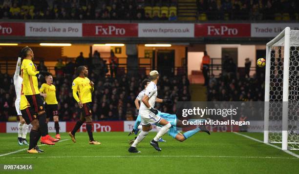 Riyad Mahrez of Leicester City scores the opening goal during the Premier League match between Watford and Leicester City at Vicarage Road on...