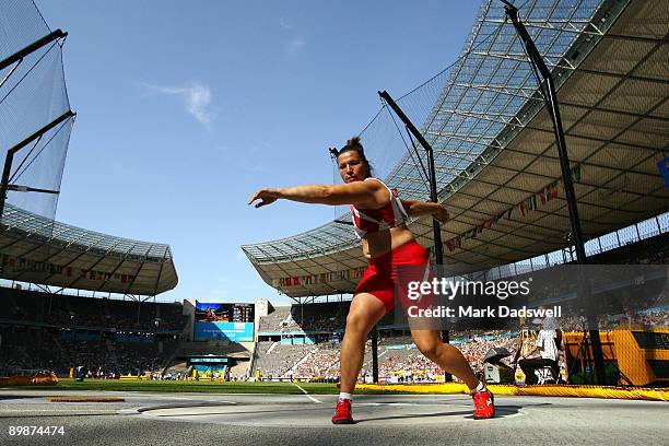 Venera Getova of Bulgaria competes in the women's Discus Throw Qualification during day five of the 12th IAAF World Athletics Championships at the...