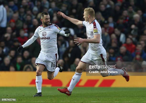 Steven Defour of Burnley celebrates scoring their second goal during the Premier League match between Manchester United and Burnley at Old Trafford...
