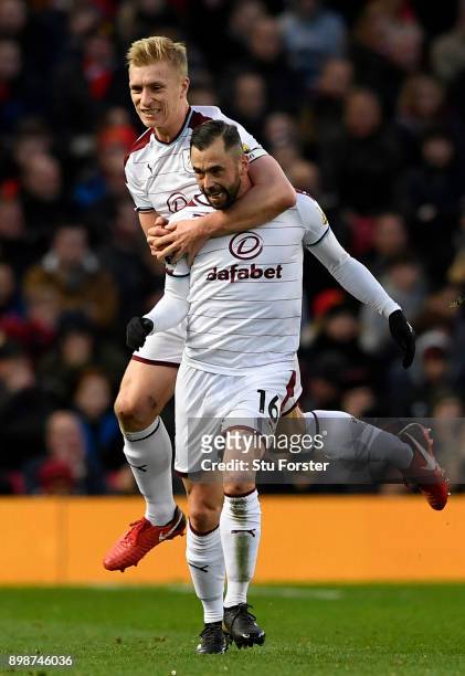 Steven Defour of Burnley celebrates scoring the 2nd Burnley goal with Ben Mee during the Premier League match between Manchester United and Burnley...