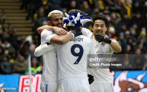 Riyad Mahrez of Leicester City celebrates with Jamie Vardy, Shinji Okazaki and Aleksandar Dragovic of Leicester City after scoring to make it 0-1...