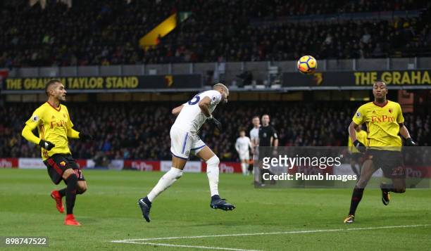 Riyad Mahrez of Leicester City heads home to make it 0-1 during the Premier League match between Watford and Leicester City at Vicarage Road, on...