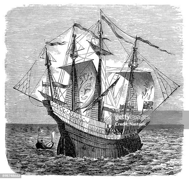 stockillustraties, clipart, cartoons en iconen met engelse oorlogsschip - navire de guerre - midden 16e eeuw - spinnaker