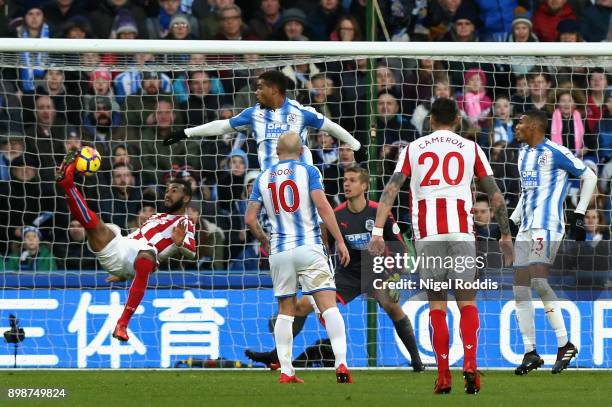 Geoff Cameron of Stoke City over head kicks during the Premier League match between Huddersfield Town and Stoke City at John Smith's Stadium on...