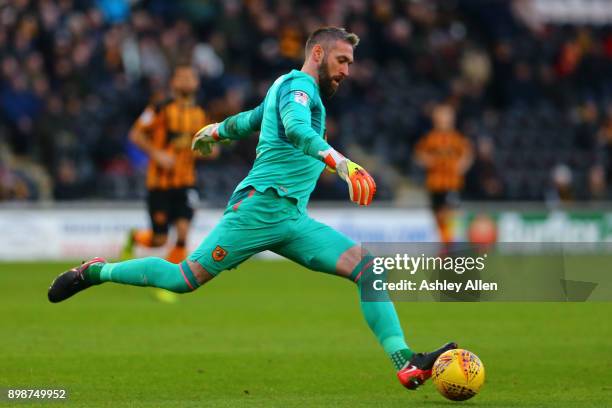 Allan McGregor of Hull City clears the ball during the Sky Bet Championship match between Hull City and Derby County at KCOM Stadium on December 26,...