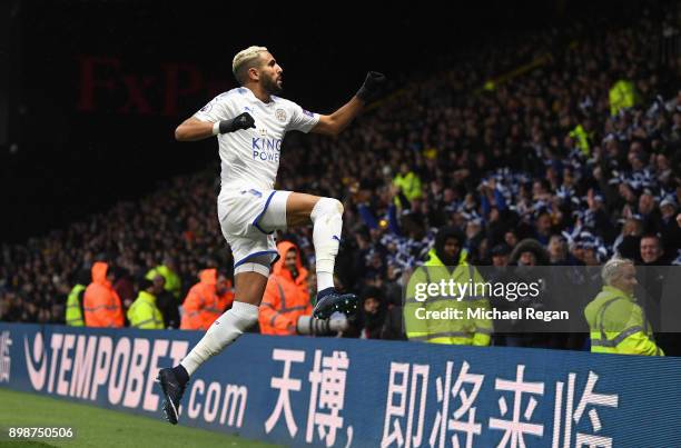 Riyad Mahrez of Leicester City celebrates scoring the opening goal during the Premier League match between Watford and Leicester City at Vicarage...