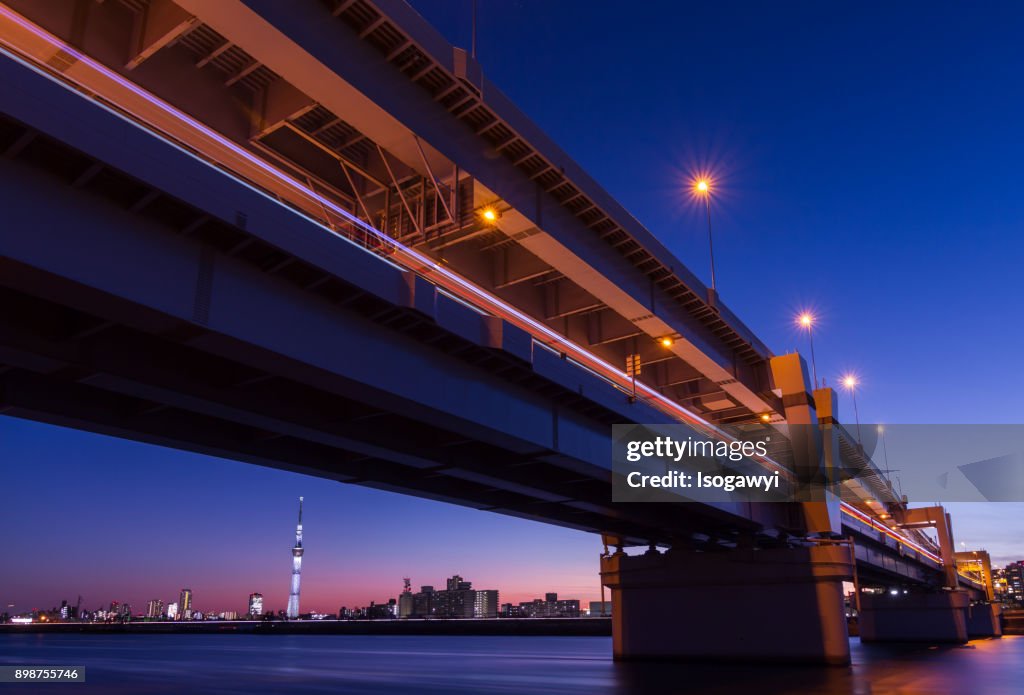 Bridge over Arakawa river and TOKYO SKYTREE at twilight