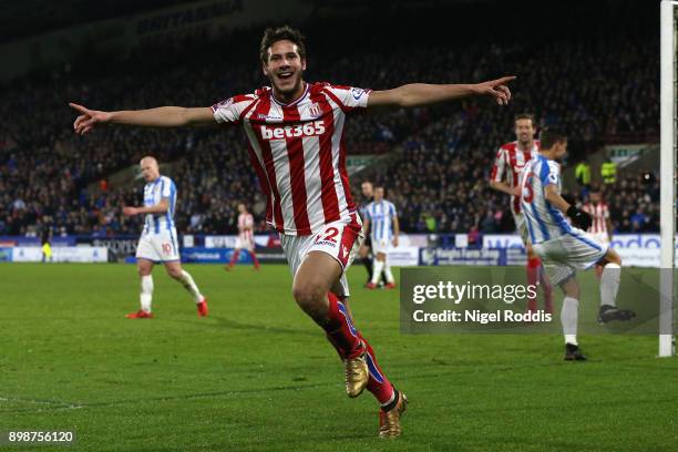 Ramadan Sobhi of Stoke City celebrates after scoring his sides first goal during the Premier League match between Huddersfield Town and Stoke City at...