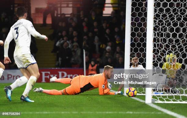 Kasper Schmeichel of Leicester City scores an own goal during the Premier League match between Watford and Leicester City at Vicarage Road on...