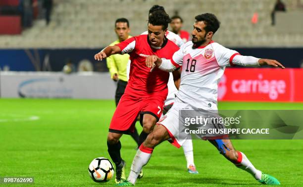Yemen's midfielder Ahmed Al-Sarori vies for the ball against Bahrain's midfielder Ahmed Abdulla Ali during their 2017 Gulf Cup of Nations group match...