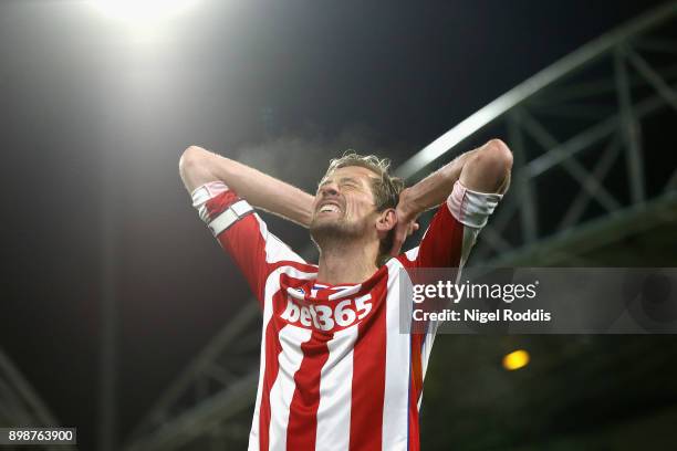 Peter Crouch of Stoke City reacts during the Premier League match between Huddersfield Town and Stoke City at John Smith's Stadium on December 26,...