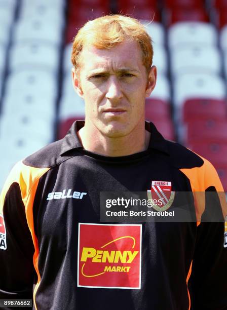 Goalkeeper Gerhard Tremmel poses during the Second Bundesliga team presentation of Energie Cottbus at the Stadion der Freundschaft on August 19, 2009...