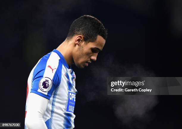 Tom Ince of Huddersfield Town breathes out showing the cold during the Premier League match between Huddersfield Town and Stoke City at John Smith's...