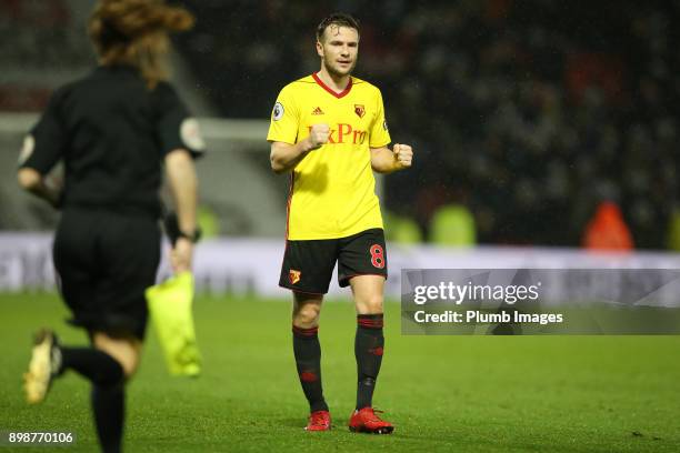 Tom Cleverley of Watford celebrates after the Premier League match between Watford and Leicester City at Vicarage Road, on December 26th, 2017 in...