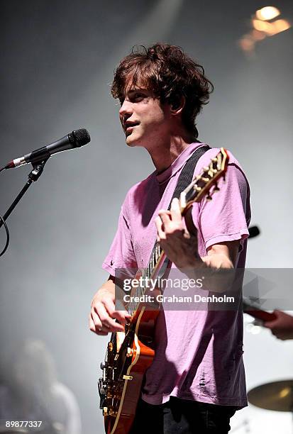 Andrew VanWyngarden of MGMT performs on stage during the Splendour in the Grass festival at Belongil Fields on July 26, 2009 in Byron Bay, Australia.