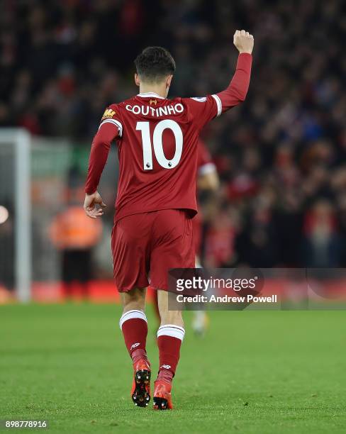 Philippe Coutinho of Liverpool Celebrates the opening goal between Liverpool and Swansea City at Anfield on December 26, 2017 in Liverpool, England.