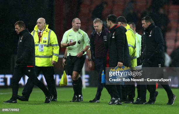 West Ham United manager David Moyes has words with Referee Bobby Madley during the Premier League match between AFC Bournemouth and West Ham United...