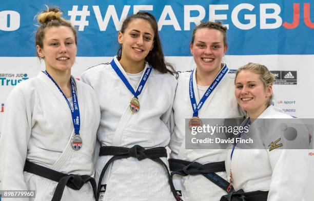 Under 78kg medallists L-R: Silver; Emma Reid of Redbridge JC, Gold; Shelley Ludford of Osaka JC, Bronzes; Rachel Tytler of Judo Scotland and Imogen...