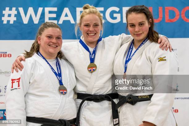 Over 78kg medallists L-R: Silver; Alison Wilson of Jidel Judo 93 JC, Gold; Rachael Hawkes of Army Judo, and Bronze; Amy Oram of Yate Star JC during...