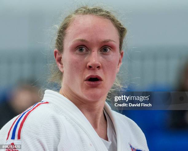 Former World and European junior bronze medallist, Gemma Howell of Wolverhampton JC waits for the referees to decide on a technical matter during the...