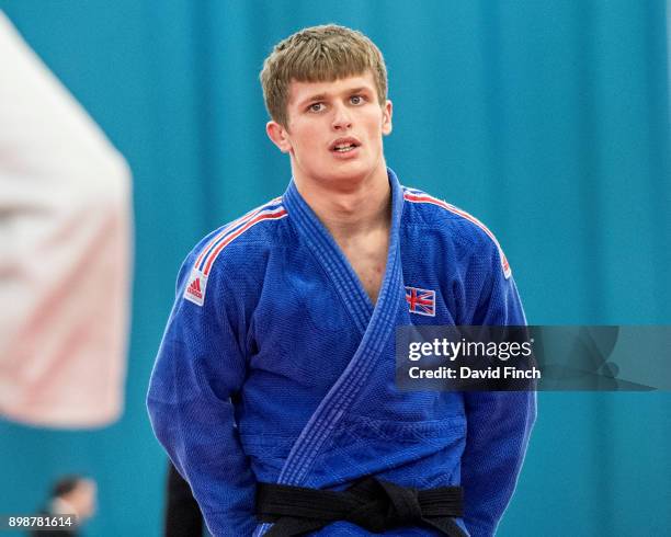 Daniel Powell of the West Midlands lines up after throwing Danny Williams of Camberley JC for an ippon to win the u73kg gold medal during the 2017...